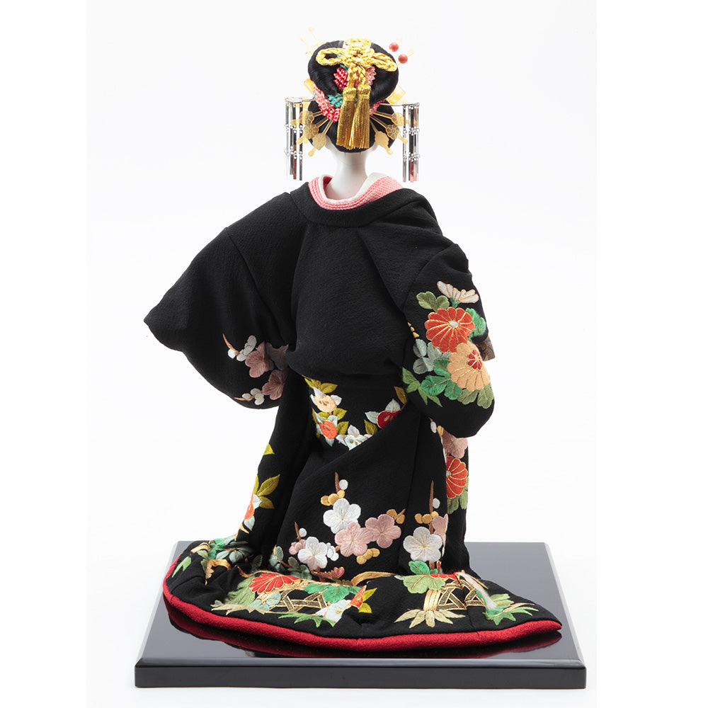 Japanese Oyama Doll, Japanese Decor Art, Tayū Pure Silk Black Kimono　F300-1-Z-US