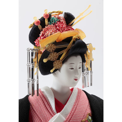 Japanese Oyama Doll, Japanese Decor Art, Tayū Pure Silk Black Kimono　F300-1-Z-US