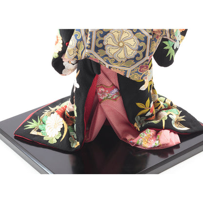 Japanese Oyama Doll, Japanese Decor Art, Tayū Pure Silk Black Kimono　F300-1-Z-US