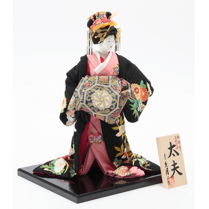 Japanese Oyama Doll, Japanese Decor Art, Tayū Pure Silk Black Kimono　F300-1-Z-US